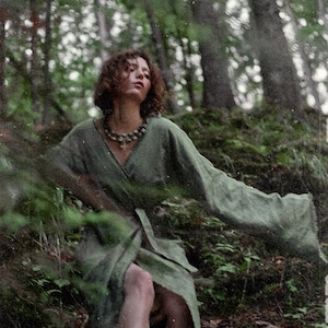 Linen summer dress - Kimono with belt - Wrap Dress Linen Dress - Women organic maxi dress eco friendly clothes minimalistic olive ethnic
