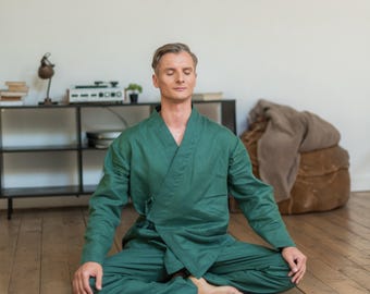 Japanese style men's linen kimono set - Natural fabric lounge home wear - Flax comfy clothes - Green Spa pajama - Relaxed fit pants shirt
