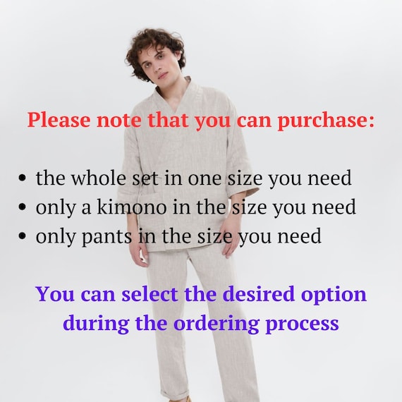 Gift for Men - Linen Kimono Set - Natural Fabric Lounge Home Wear - Flax Comfy Clothes - Green Spa Pajama - Relaxed Fit Pants Shirt