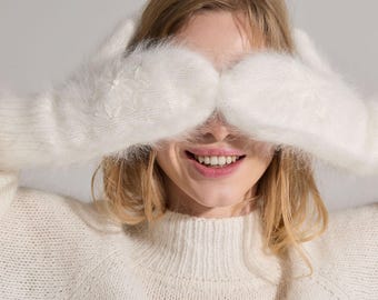 Gloves from Premium Angora Wool - Embroidered Hand-Knitted Gloves in Soft Milk Color -Perfect Gift for Girls and Women - Warm Winter Gloves