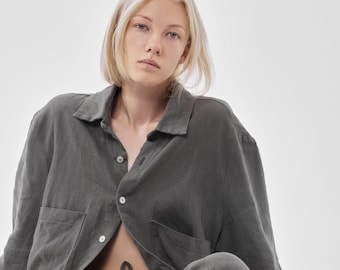 Chemise unisexe surdimensionnée en lin - Haut élégant pour femme - Chemisier gris lin - Grande taille personnalisée disponible - Vêtements de coupe ample - Vêtements de détente