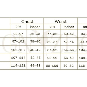 May include: Size chart with measurements in inches and centimeters for chest, waist, and hip. Sizes include S, M, L, XL, and XXL.