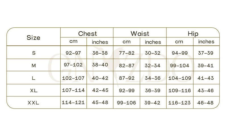 May include: Size chart with measurements in inches and centimeters for chest, waist, and hip. Sizes include S, M, L, XL, and XXL.