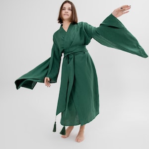 Japanese kimono dress Long green linen jacket Women coat organic loungewear maxi boho cardigan eco friendly clothes minimalistic linen robe image 4