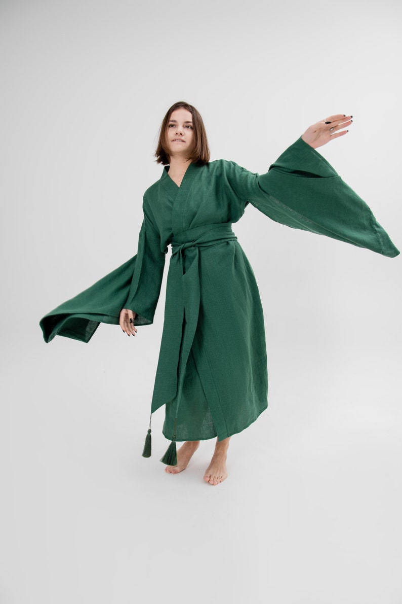 Japanese kimono dress Long green linen jacket Women coat organic loungewear maxi boho cardigan eco friendly clothes minimalistic linen robe image 4