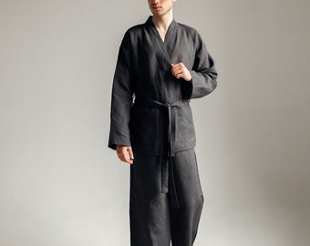 Men's Linen Kimono Set - Comfy Graphite Lounge Wear - Ideal Gift for Boyfriend, Husband, Father, Brother, Son