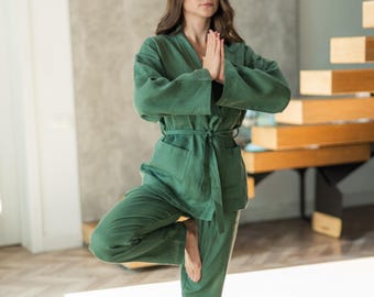 Lounge set - Chic Linen Kimono & Wide Leg Pants - Sustainable Flax Ensemble - Relaxed Fit Eco Wear - Linen Kimono and Trousers Set