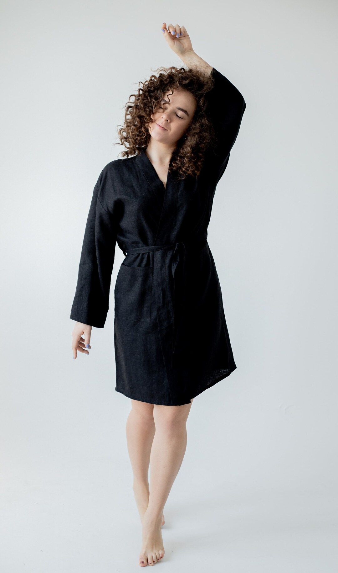 Linen Dress Robe Black Flax Bathrobe Lounge Dressing Gown Spa Relax ...