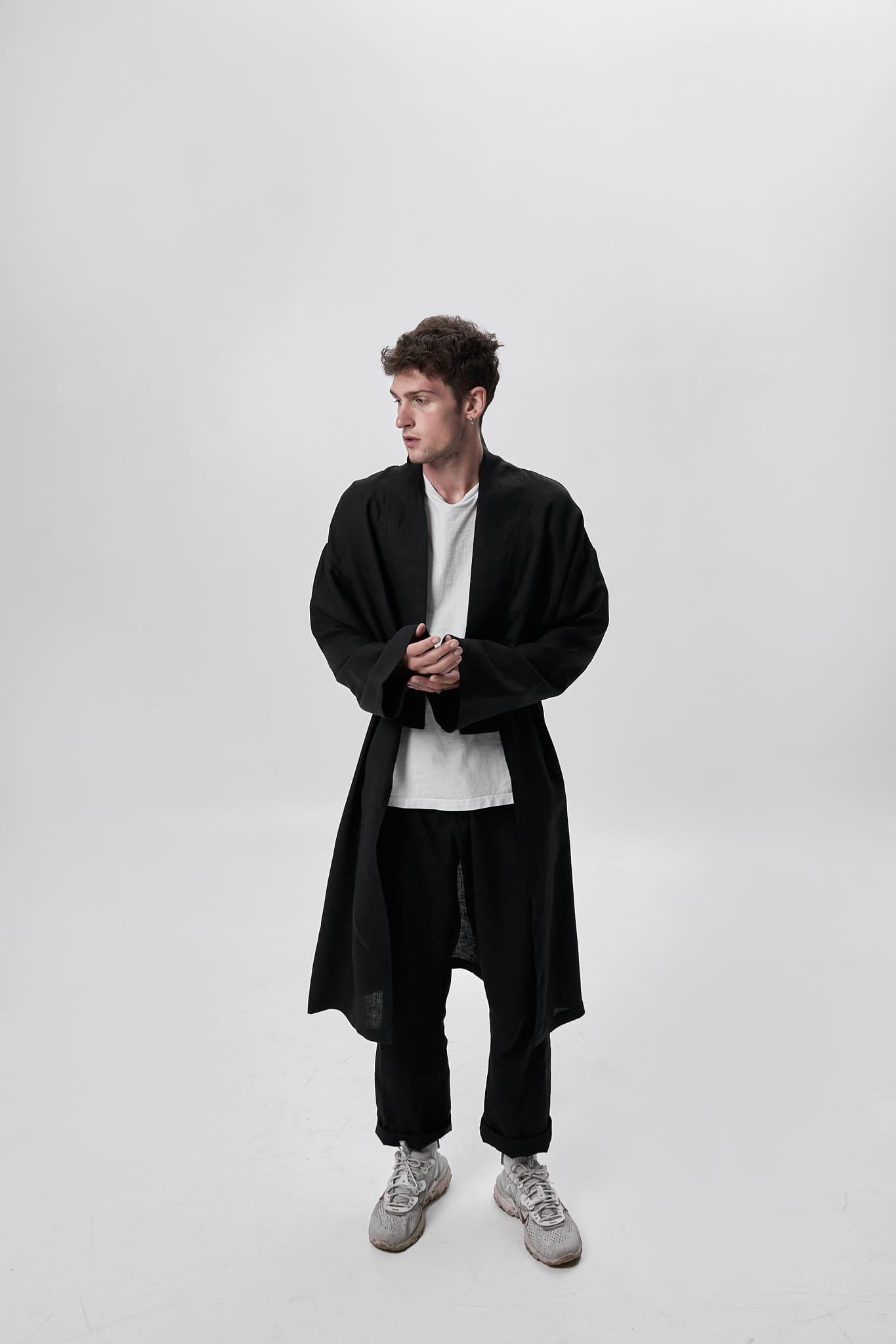 Black Linen Haori Robe, Japanese Style Kimono Jacket, Long Minimalist Open Front Layer, Unisex Gift, Resort Wear