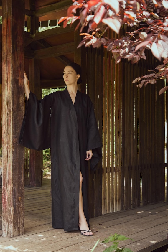 Black Linen Kimono Dress Women Maxi Wrap Dress Japanese Style Long Sleeve Linen Robe Kaftan Elegant Floor Length Dress