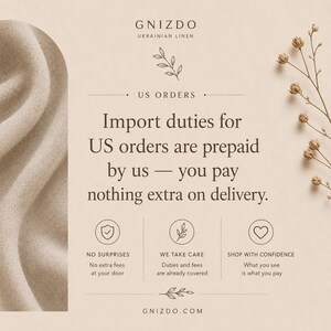 May include: A beige informational graphic for GNIZDO Ukrainian Linen featuring a draped fabric texture on the left and dried floral sprigs on the right. The text states that import duties for US orders are prepaid, ensuring no extra delivery fees.