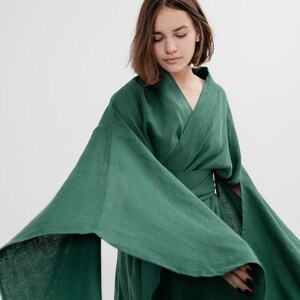 Japanese kimono dress Long green linen jacket Women coat organic loungewear maxi boho cardigan eco friendly clothes minimalistic linen robe image 6