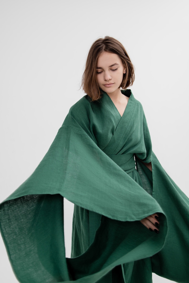 Japanese kimono dress Long green linen jacket Women coat organic loungewear maxi boho cardigan eco friendly clothes minimalistic linen robe image 6