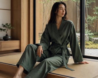 Women’s Green Linen Garden Set, Kimono Workwear Outfit, Gardening Clothes, Natural Linen Pants Set