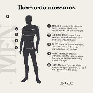 May include: Diagram showing how to measure different parts of the body for clothing, including height, shoulders, bust, waist, and hips. The diagram shows a silhouette of a person with arrows indicating where to measure.
