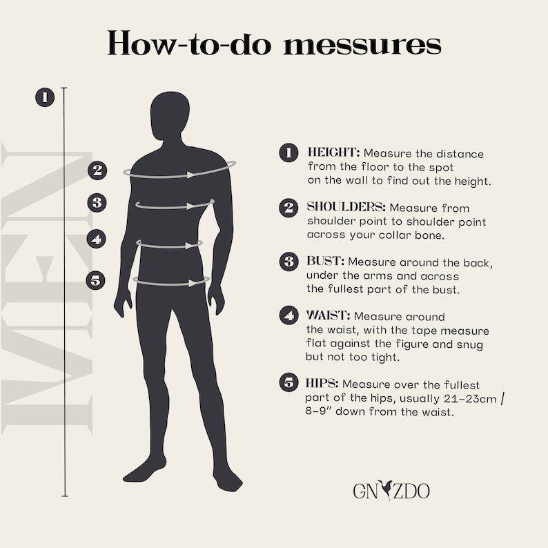May include: Diagram showing how to measure different parts of the body for clothing, including height, shoulders, bust, waist, and hips. The diagram shows a silhouette of a person with arrows indicating where to measure.