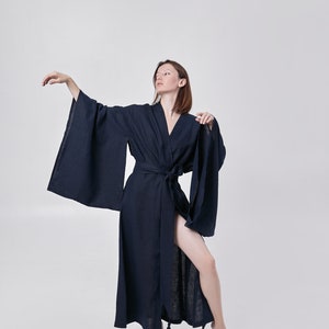 Elegant Japanese Kimono Dress for Her - Long Linen Jacket, Eco-Friendly Loungewear - Gift for Woman