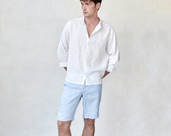 Casual linen shorts men Flax short pants Old money style Elegant linen shorts for rest on coast Regular fit shorts White blue