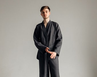 Ensemble kimono en lin pour homme, tissu naturel, vêtements de détente en lin, vêtements confortables, gris graphite, vêtements de spa, pantalons et chemise, coupe ample, ensemble de lin