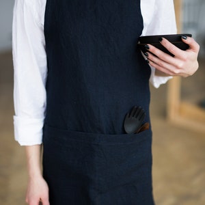 Linen apron Natural linen full apron with pockets Soft linen kitchen apron women men Waiter Waitress uniform dark blue apron image 4