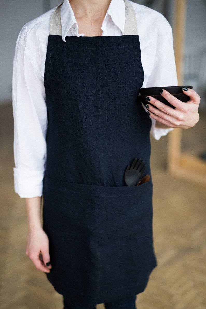 Linen apron Natural linen full apron with pockets Soft linen kitchen apron women men Waiter Waitress uniform dark blue apron image 4