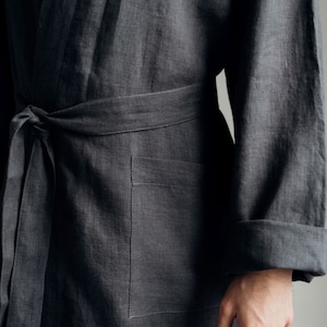 Men's linen robe Natural lounge home wear flax bathrobe comfy nightwear flax clothes grey graphite robe Spa bathrobe Linen dressing gown image 4