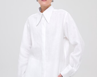 Camicia da donna in lino bianco con colletto a punta e maniche con gemelli – vestibilità comoda, bottoni a conchiglia, colori e taglie personalizzabili disponibili