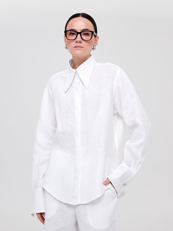 Women White Linen Shirt with Pointed Collar and Cufflink-Ready Sleeves – Relaxed Fit, Shell Buttons, Custom Colors and Size Available