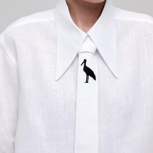 Embroidered tie &quot;Heron&quot; - White necktie with bird - Linen cravat with ethnic broidery - Wedding white tie