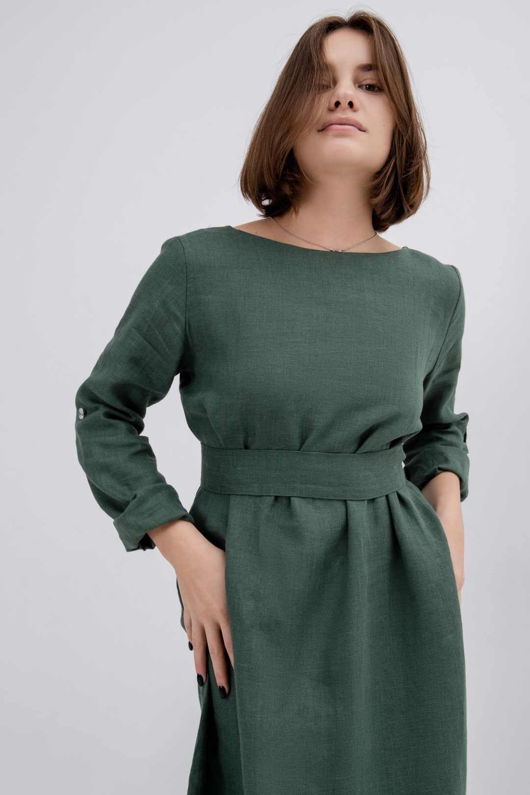 Vestido de linho verde estilo casual plus size vestido de linho
