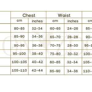 May include: A size chart table with rounded corners featuring brown text on a white background. It lists sizes from XS to XXL with corresponding chest, waist, and hip measurements in both centimeters and inches. The text GNYZDO is visible.