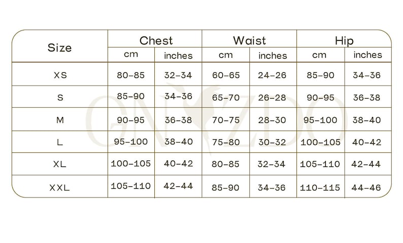 May include: A size chart table with rounded corners featuring brown text on a white background. It lists sizes from XS to XXL with corresponding chest, waist, and hip measurements in both centimeters and inches. The text GNYZDO is visible.