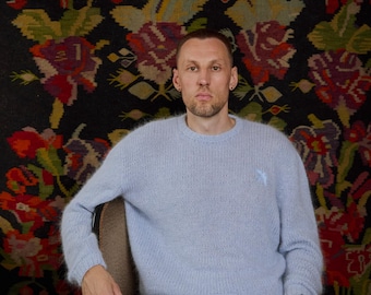 Cozy Gift for Him - Men’s Blue Angora Sweater – Hand Knitted Oversized Jumper with “Swallow” Embroidery – Premium Handmade Knitwear