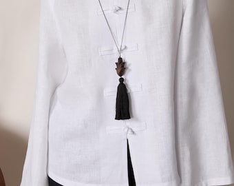 White Linen Mandarin Collar Shirt, Loose Fit Blouse, Chinese Style Top
