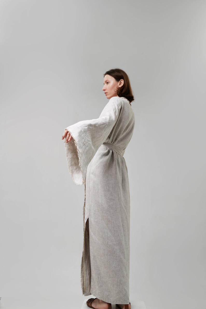 Frayed Robe Linen Robe Kimono With Belt Wrap Dress Linen Summer Dress Women Organic ...