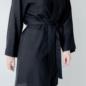 Women's Linen Robe Black Flax Bathrobe Lounge dressing gown Spa relax robe Comfy nightwear Natural clothes Boho beach wear linen embroidered image 6