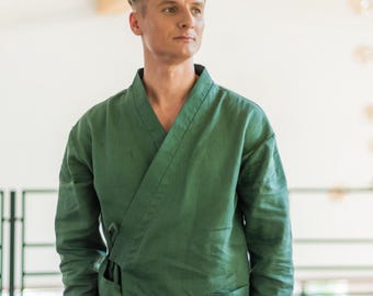 Men's linen short kimono - SHIRT ONLY - Natural fabric lounge home wear - Flax comfy clothes - Spa top - Relaxed fit shirt