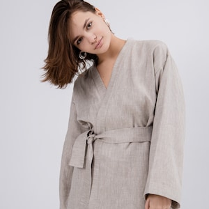 Comfortable Linen Women's Kimono Natural Flax Jacket with Belt Beige Cardigan Custom Plus Size Available image 1