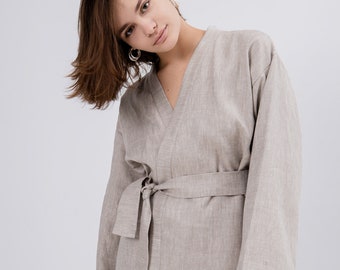 Comfortable Linen Women's Kimono - Natural Flax Jacket with Belt - Beige Cardigan - Custom Plus Size Available