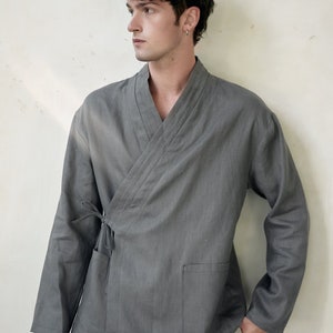 Japanese style men's linen kimono set Natural fabric lounge home wear flax comfy clothes grey graphite Spa pajama Relaxed fit pants shirt image 2