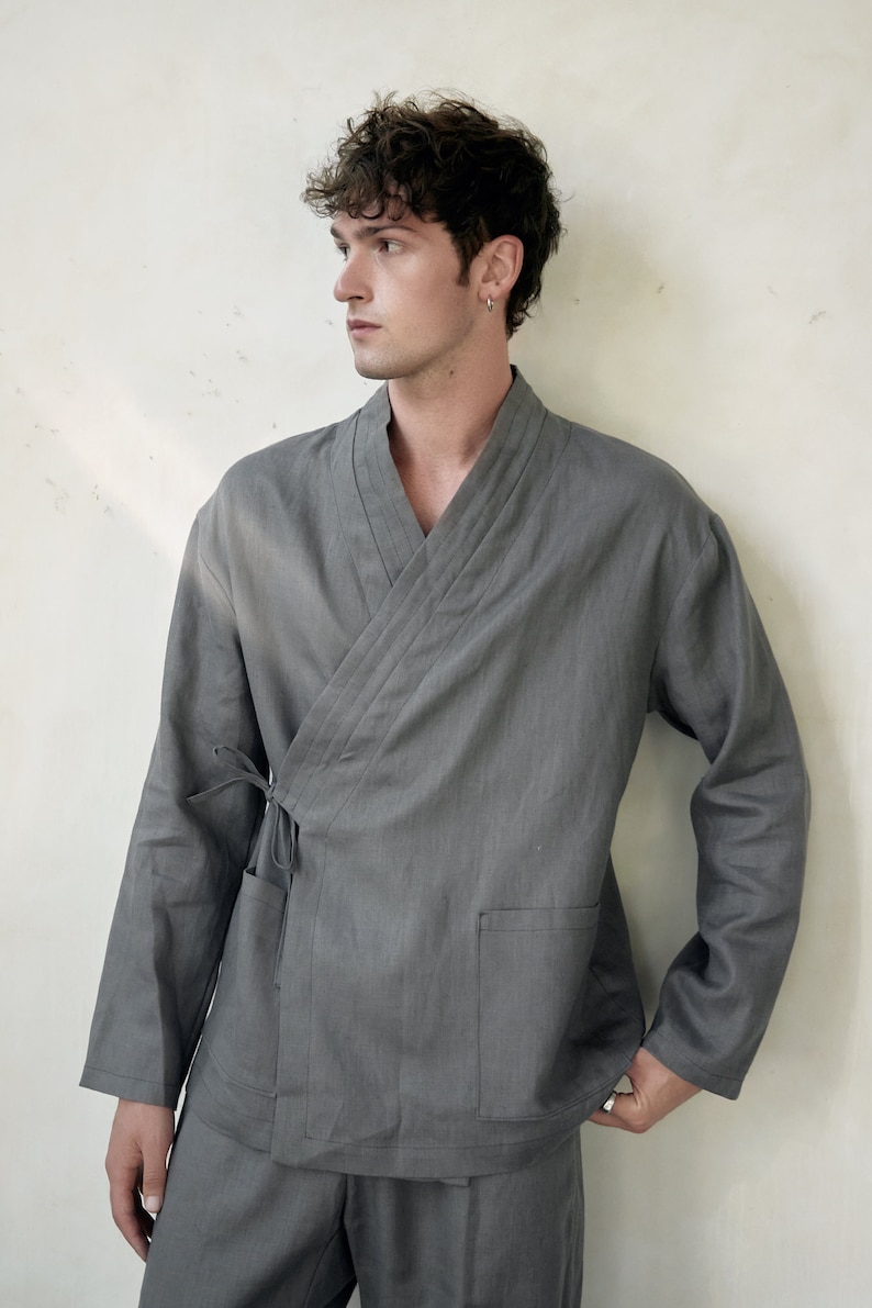 Japanese style men's linen kimono set Natural fabric lounge home wear flax comfy clothes grey graphite Spa pajama Relaxed fit pants shirt image 2