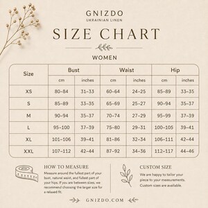 May include: A size chart for clothing by GNIZDO UKRAINIAN LINEN. The table lists sizes XS through XXL with corresponding bust, waist, and hip measurements in both centimeters and inches. Includes instructions on how to measure and custom size info.