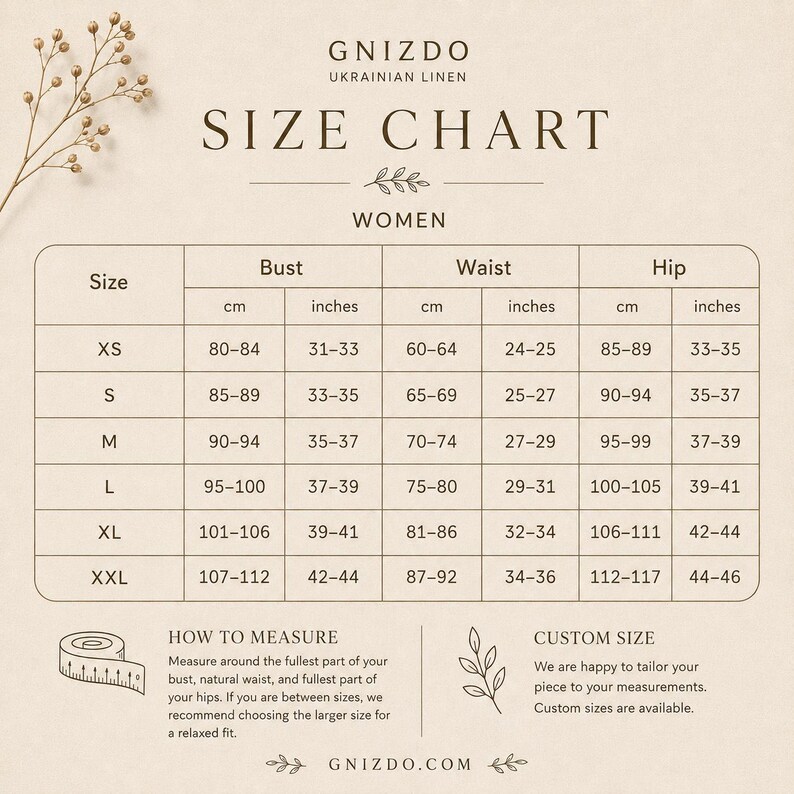 May include: A size chart for clothing by GNIZDO UKRAINIAN LINEN. The table lists sizes XS through XXL with corresponding bust, waist, and hip measurements in both centimeters and inches. Includes instructions on how to measure and custom size info.