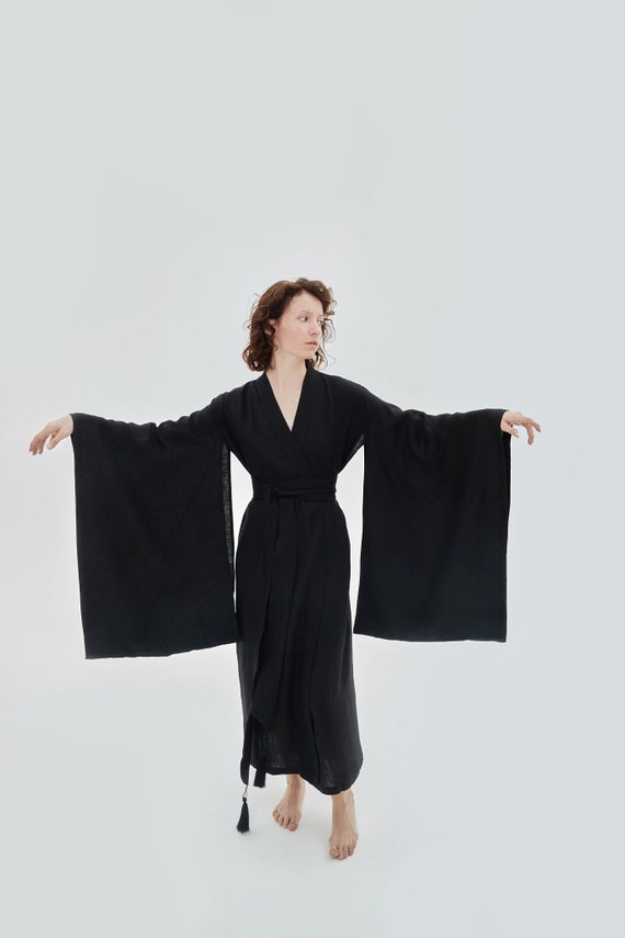 Linen Kimono Japanese Style Dress With Belt Long Sleeves Women Organic Maxi Dress Eco Friendly Clothes Minimalistic Linen Black Graphite