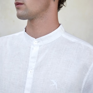 Linen white shirt Men linen shirt Embroidered swallow Linen long sleeve office shirt Minimalist milk shirt stand-up collar luxury linen