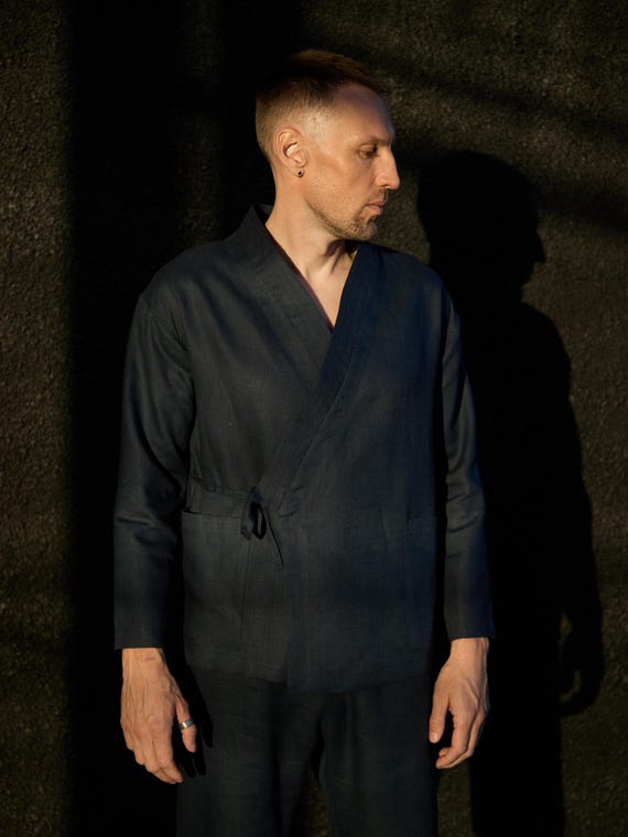 Men’s Dark Blue Linen Kimono - SHIRT ONLY – Japanese Style Relaxed Fit Shirt – Flax Retreat Outfit – Minimalist Lounge Wear