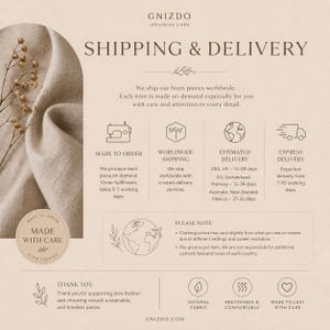 May include: A beige informational graphic for Gnizdo Ukrainian Linen featuring a draped light brown linen fabric swatch on the left. The text details shipping, delivery, and production policies with icons for sewing, shipping, and care instructions.