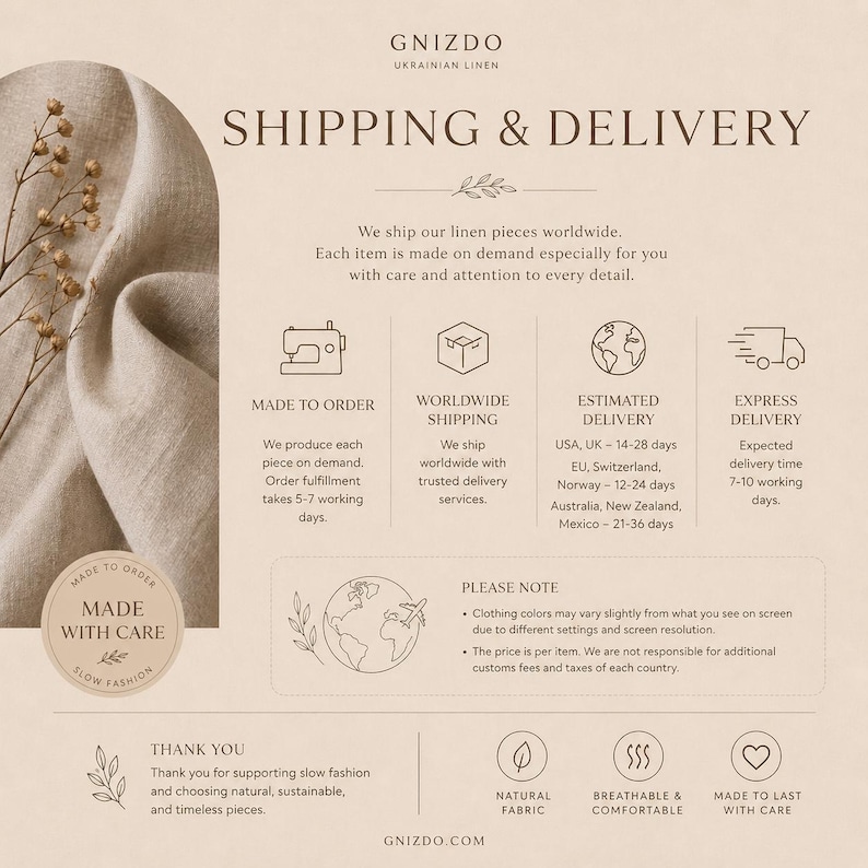 May include: A beige informational graphic for Gnizdo Ukrainian Linen featuring a draped light brown linen fabric swatch on the left. The text details shipping, delivery, and production policies with icons for sewing, shipping, and care instructions.