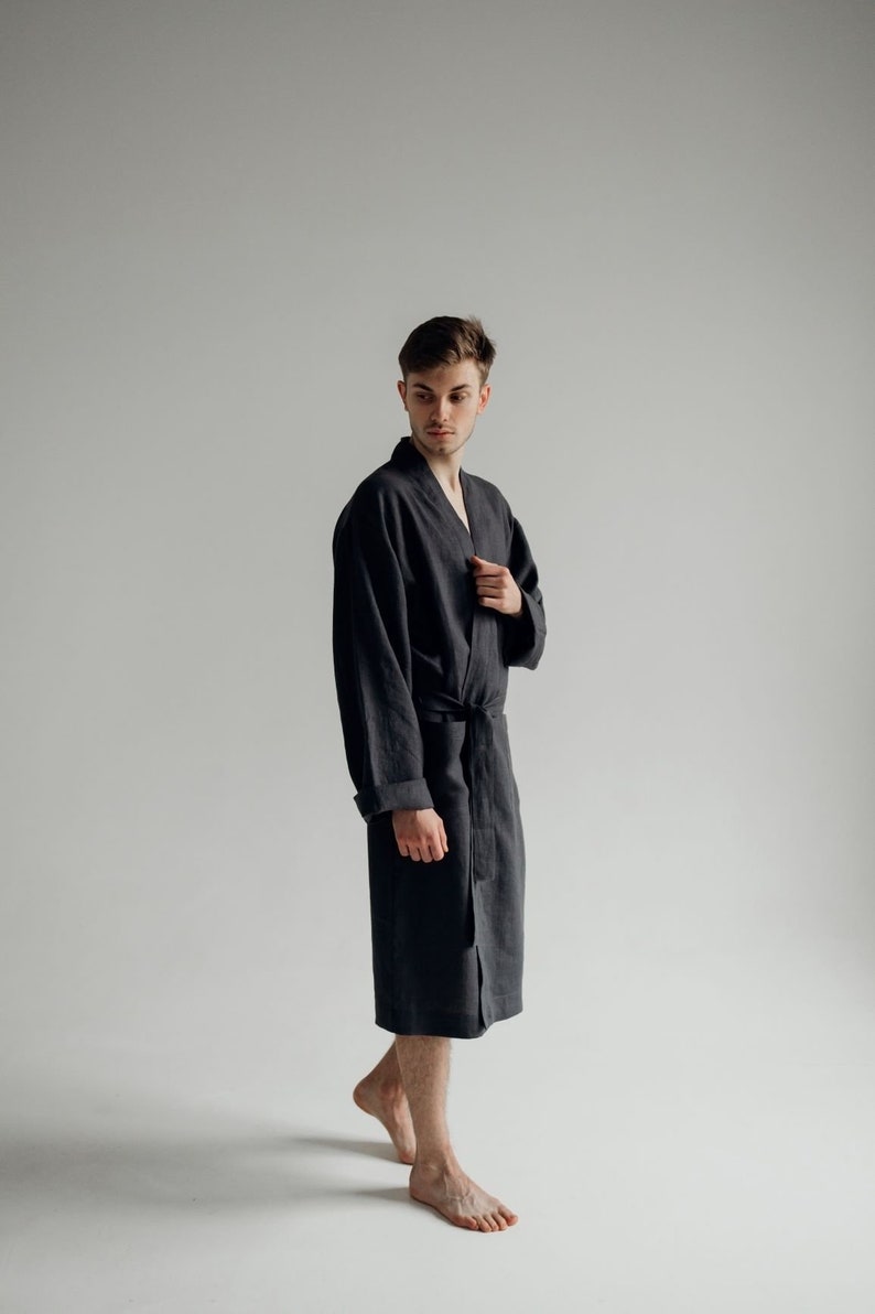 Men's linen robe Natural lounge home wear flax bathrobe comfy nightwear flax clothes grey graphite robe Spa bathrobe Linen dressing gown image 2