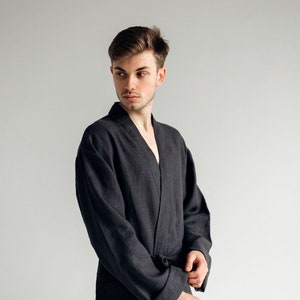 Men's linen robe Natural lounge home wear flax bathrobe comfy nightwear flax clothes grey graphite robe Spa bathrobe Linen dressing gown image 3